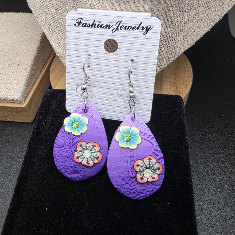 (3 FOR $12)  Fashion Jewelry Purple and Blue Floral Earrings (1409)